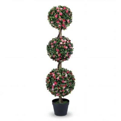 Costway 43.5" Artificial Triple Ball Rose Topiary Tree With Lifelike Blooms And Green Leaves In Multi