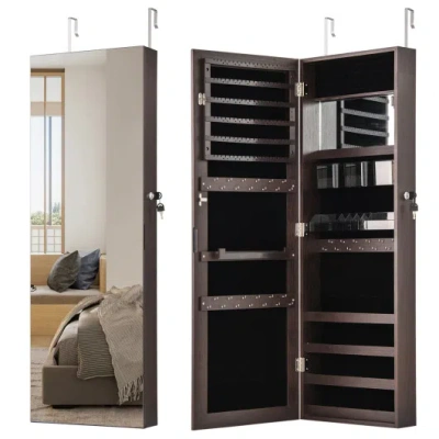 Costway 43.5 Inch Jewelry Mirror Cabinet With Full-length Mirror And Adjustable Hangers-dark Brown