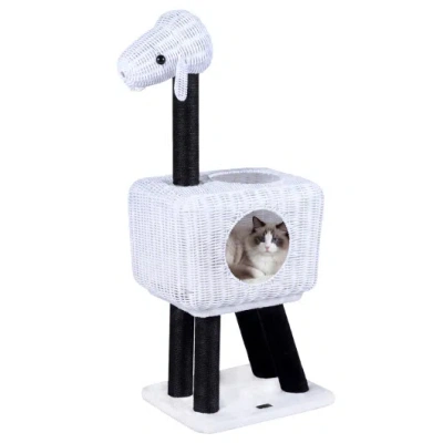 Costway 43-inch Lamb-shaped Cat Tower With 2-door Rattan Condo For Indoor Kittens-white