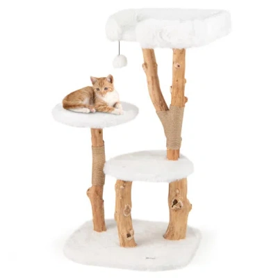 Costway 44 Inch Solid Wood Cat Tree With Perch And Natural Jute Scratching Posts-white In Multi