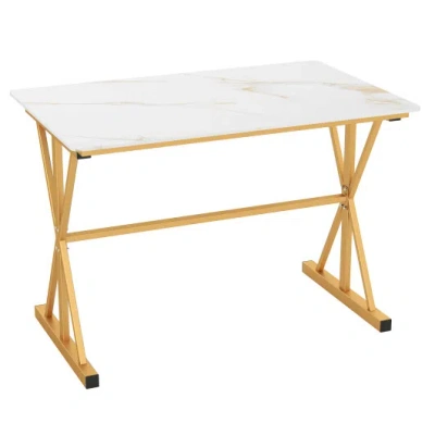 Costway 44 Inches Sintered Stone Dining Table With Metal Frame And Faux Marble Tabletop-white In Brown