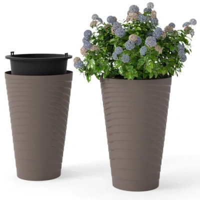 Costway 45 Cm Tall Flower Pot Set Of 2 With Insert Bucket And Handle Design-brown