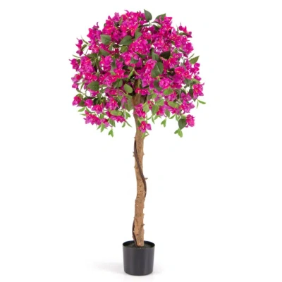 Costway 4.5 Feet Artificial Azalea Tree With Cement Pot-red In Brown