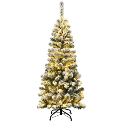 Costway 4.5 Feet Pre-lit Snow Flocked Pencil Christmas Tree With 150 Led Light In Gold