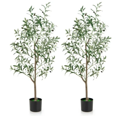 Costway 4.5 Feet Tall Artificial Olive Tree Fake Potted Trees With Realistic Fruits-set Of 2 In Green