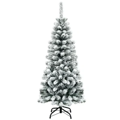 Costway 4.5 Feet Unlit Hinged Snow Flocked Artificial Pencil Christmas Tree With 242 Branch In Gray
