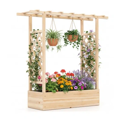 Costway 45 Inch Tall Wooden Raised Garden Bed With Side Trellis And Hanging Roof-natural In Brown