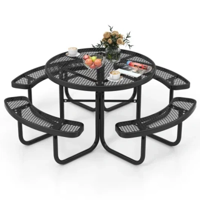 Costway 45 Inches Outdoor Round Picnic Table And Bench Set For 8 With Umbrella Hole-black