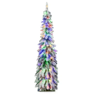 Costway 4/5/6 Feet Pre-lit Artificial Christmas Tree Snow-flocked Slim Pencil Xmas Decor-5 Ft In Multi