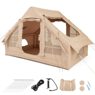 Costway 4-6 People Inflatable Camping Tent With 4 Mesh Screen Windows And 2 Doors-white In Neutral