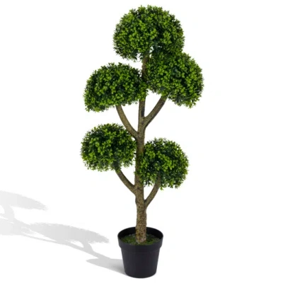 Costway 46-inch Artificial Boxwood Topiary Tree Fake Potted Boxwood Tree With 5 Ball-shaped Topiaries In Green