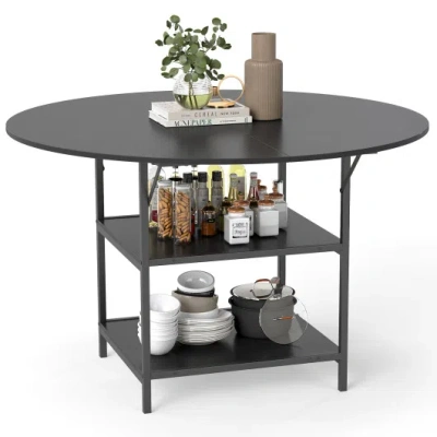 Costway 47 Inch Round Dining Table For 4-6 People Large Kitchen Table With 2-tier Storage Shelves-black