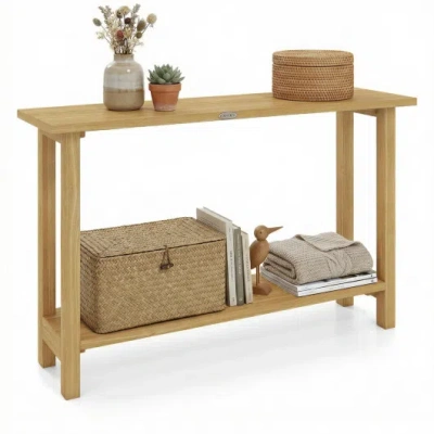 Costway 47 Inch Solid Wood Console Table With Teak Wood Frame And Storage Shelf In Brown