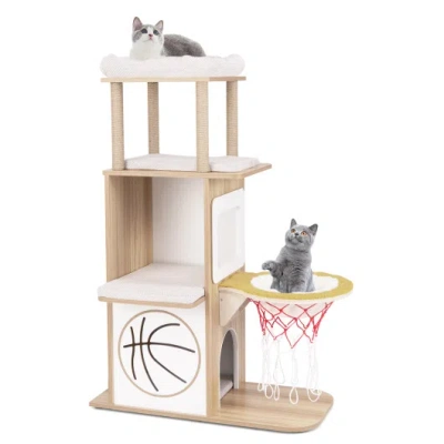Costway 47 Inches Wooden Cat Tree With 2-story Cat Condo And Basketball Hoop Hammock-natural In Brown