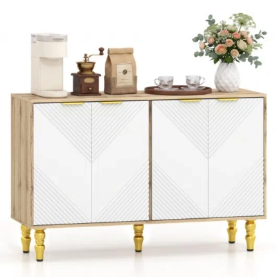 Costway 47" Sideboard Buffet Cabinet With 4 Chevron Fluted Doors & Anti-toppling Devices For Kitchen-natural In White