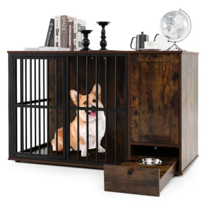 Costway 47.5 Inch Dog Crate Furniture With Hidden Pull-out Bowls In Drawer For Small And Medium Dogs-rustic  In Brown