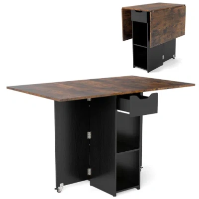 Costway 47.5 Inch Farmhouse Extendable Wooden Dinner Table With Lockable Wheels-rustic Brown In Black