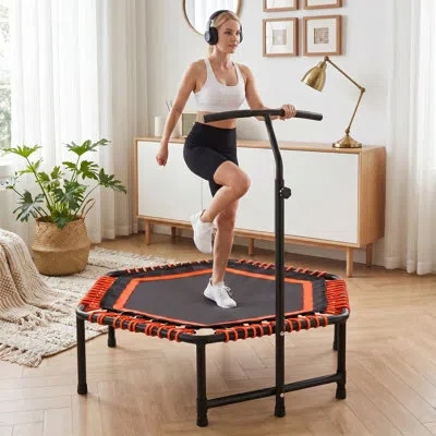 Costway 48" Fitness Trampoline With Adjustable Handlebar, Quiet Bungee Rebounder For Adults, Indoor & Outdoo In Black