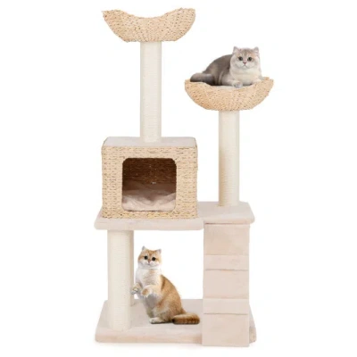 Costway 48 Inch Cattail Cat Tower With Sisal Scratching Posts Perch And Condo-beige In Pink