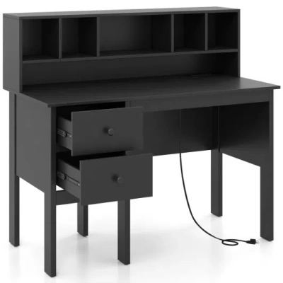 Costway 48 Inch Computer Desk With Drawers Power Outlets-black In Multi