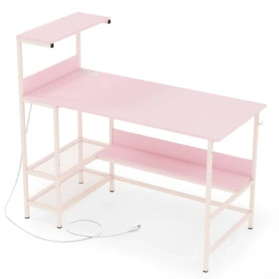 Costway 48 Inch Computer Desk With Power Outlets And Storage Shelves-pink In Multi