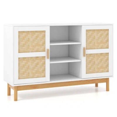 Costway 48 Inch Sideboard Buffet Cabinet Floor Storage Cabinet With 2 Bamboo Woven Doors-white In Multi