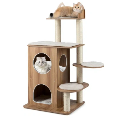 Costway 48 Inch Wooden Cat Tree With 2-floor Condo And Washable Cushions-natural In Brown