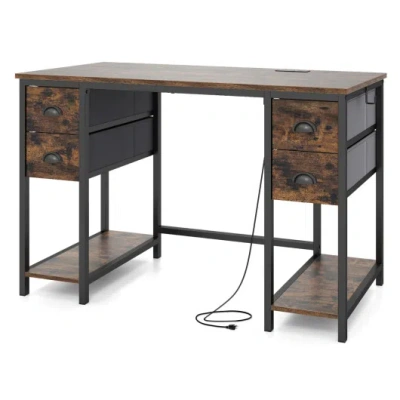 Costway 48 Inches Computer Desk With Power Outlet Home Office Desk With 4 Fabric Drawers-brown