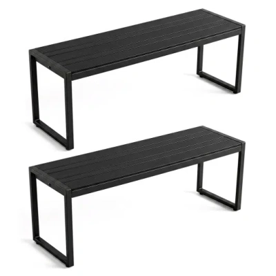 Costway 48" Outdoor Bench Set Of 2 With Wood-plastic Composite And Metal Frame Slatted Sea-black