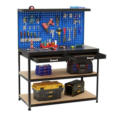 Costway 48 X 24 Inch Workbench Work Table With 3 Pcs Pegboard Drawer And Shelves-navy In Animal Print