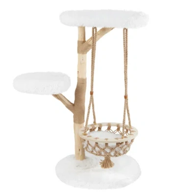 Costway 48.5 Inch Solid Wood Cat Tree With Hanging Cradle And Jute Scratching Post-white In Animal Print