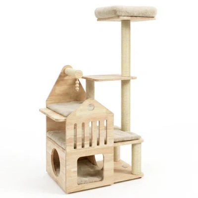 Costway 48.5" Multi-level Solid Wood Cat Tree For Indoor Cats With Padded Top Perch Cat Condo And Sisal Scra In Brown