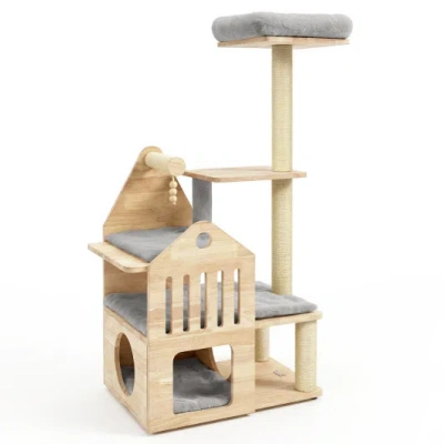 Costway 48.5" Multi-level Solid Wood Cat Tree For Indoor Cats With Padded Top Perch Cat Condo And Sisal Scra In Brown
