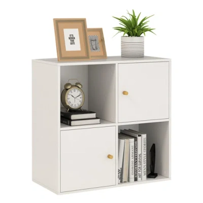 Costway 4-cube Bookcase 3-tier Bookshelf With Dual Anti-tipping Kits And 2 Cabinets-white In Gray