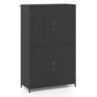 Costway 4-door Rattan Vertical Storage Shed With Adjustable Shelves-black