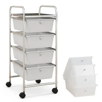 Costway 4-drawer Cart Storage Bin Organizer Rolling With Plastic Drawers-white In Gray