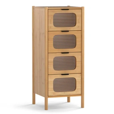 Costway 4-drawer Dresser Bamboo Storage Cabinet With Fluted Tempered Glass Drawers-natural In Brown
