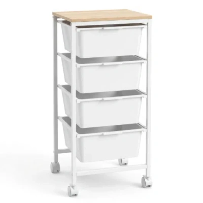 Costway 4-drawer Rolling Storage Cart Mobile Utility Organizer With Wooden Tabletop And Lockable Wheels-whit In White