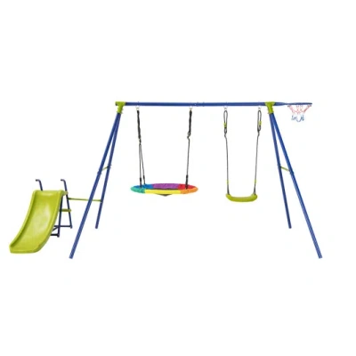 Costway 4-in-1 Heavy-duty Metal Playset With Slide And Basketball Hoop In Blue