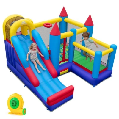 Costway 4-in-1 Kids Bouncer With Long Slide And Jumping Area For Yard And Lawn With 680w Blower In Multi