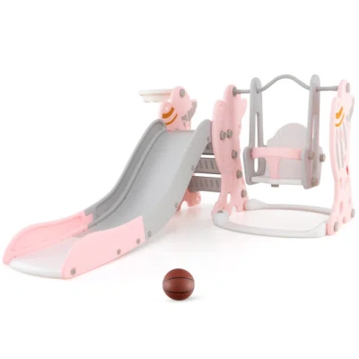 Costway 4-in-1 Kids Slide And Swing Set With Basketball Hoop-pink