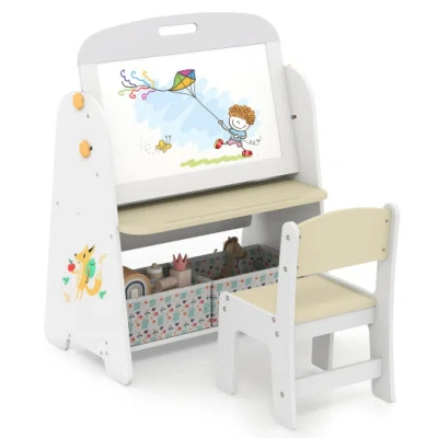 Costway 4-in-1 Kids Table And Chair Set Art Easel With Magnetic Whiteboard And Bookshelf-natural In Multi