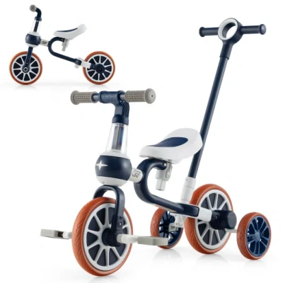 Costway 4-in-1 Kids Trike Bike With Adjustable Parent Push Handle And Seat Height-navy In Multi