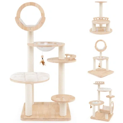Costway 4-in-1 Large Wooden Cat Tower With Space Capsule Nest For Indoor Cats In Pink