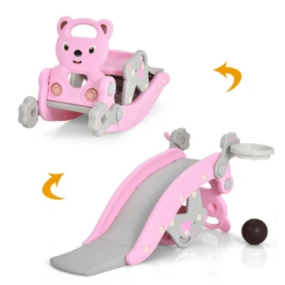 Costway 4-in-1 Toddler Slide And Rocking Horse Playset With Basketball Hoop-pink In Multi
