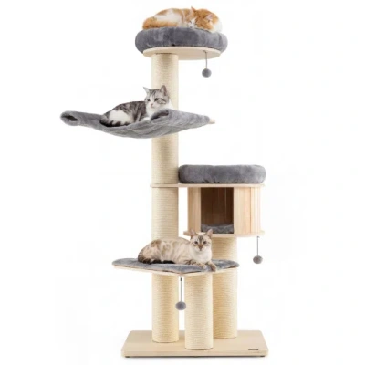 Costway 4-layer 68.5-inch Wooden Cat Tree Condo Activity Tower With Sisal Posts-gray In Brown