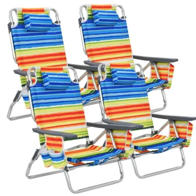Costway 4-pack 5-position Outdoor Folding Backpack Beach Reclining Chair With Pillow-yellow In Multi