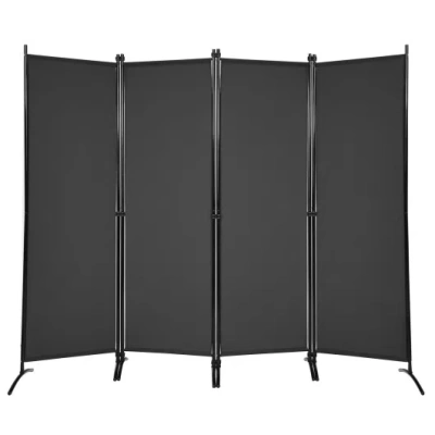Costway 4-panel Room Divider With Steel Frame-black In Gray