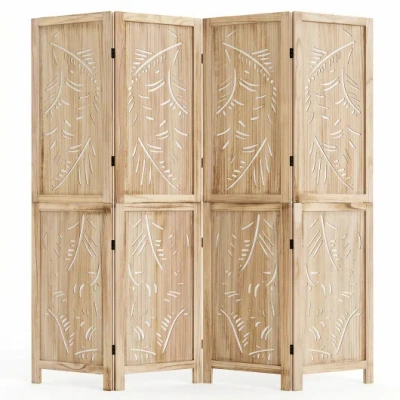 Costway 4-panel Wooden Room Divider With Palm Leaf Design & Paulownia Frame For Home In Brown