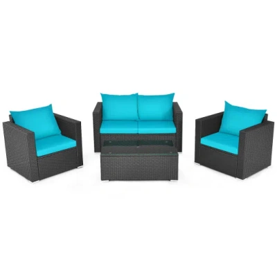 Costway 4pcs Patio Rattan Cushioned Furniture Set-turquoise In Black